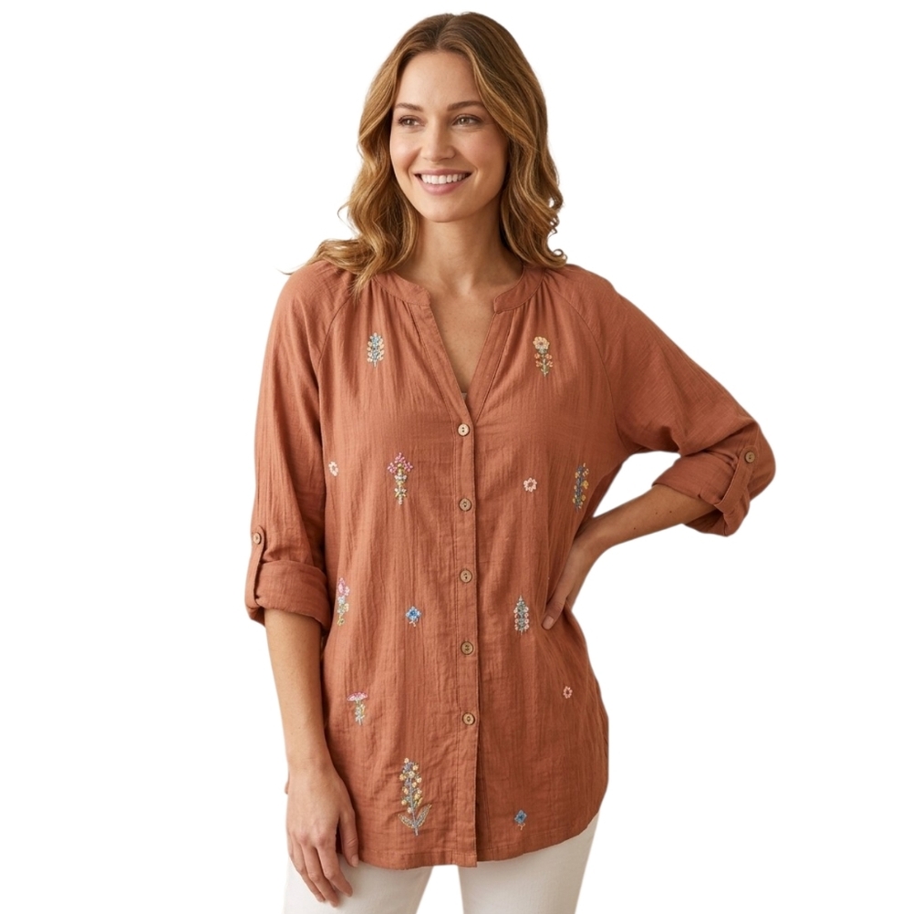 M April Cornell Botanist Blouse Mocha brown floral embroidery
